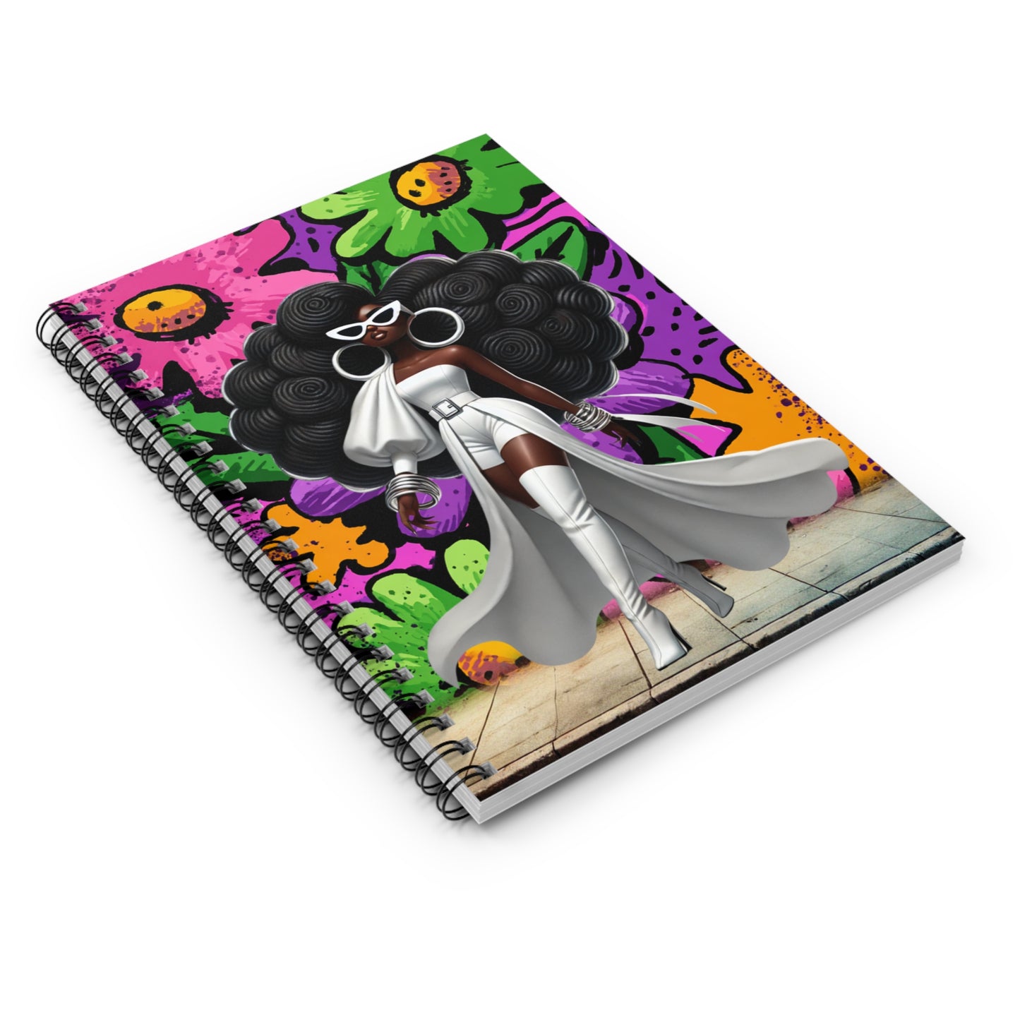 Afro Glam Fashion Girl Spiral Notebook – Ruled Journal with Bold Floral Street-Art Cover