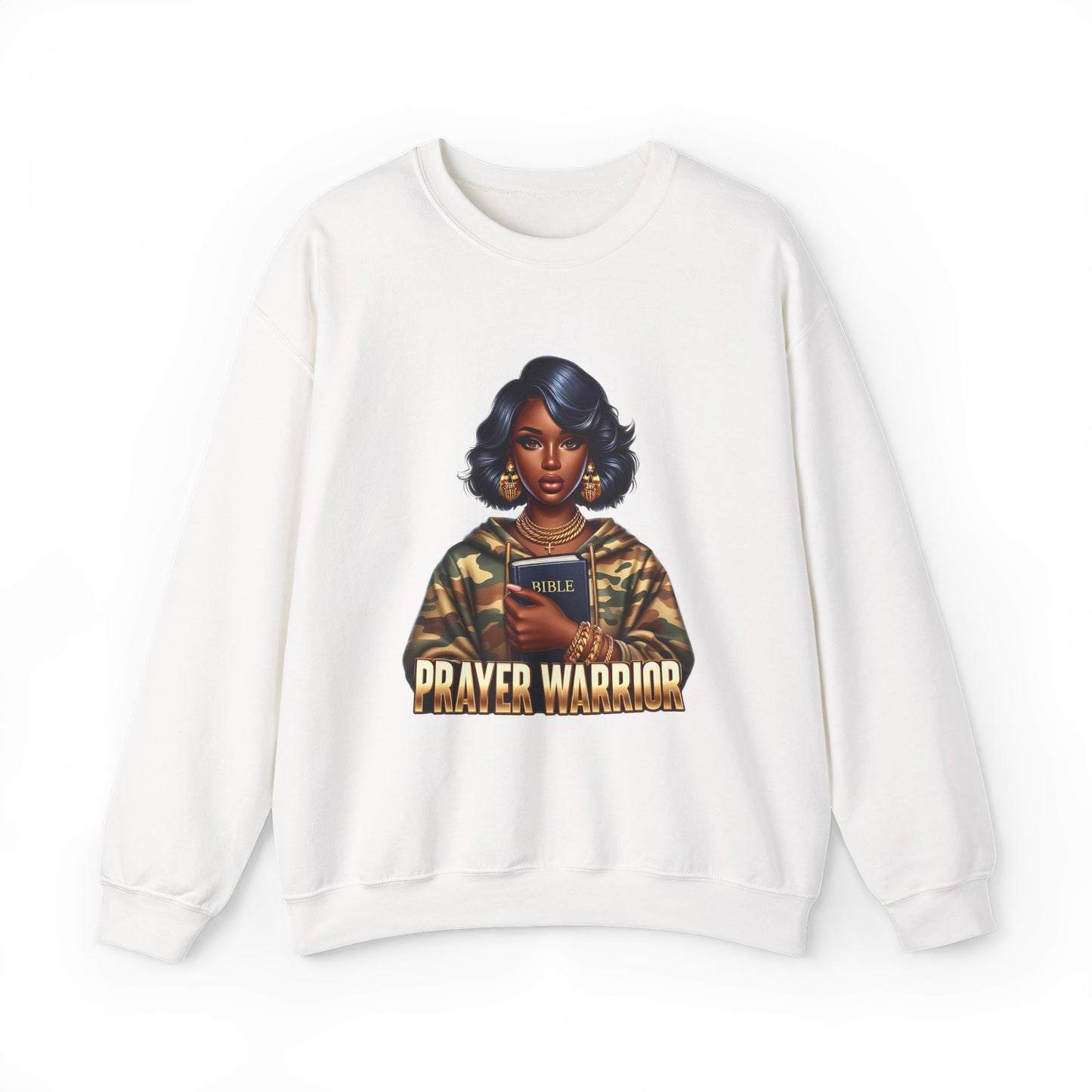 Prayer Warrior Sweatshirt — Black Woman Holding Bible Graphic