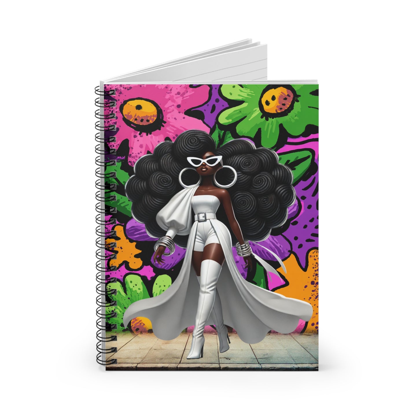 Afro Glam Fashion Girl Spiral Notebook – Ruled Journal with Bold Floral Street-Art Cover
