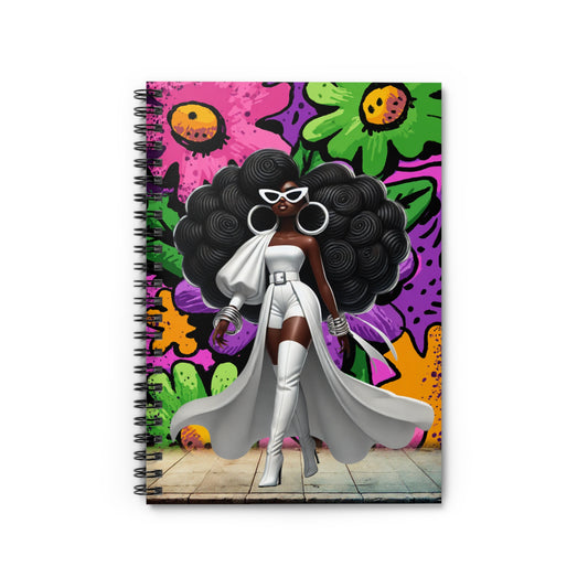 Afro Glam Fashion Girl Spiral Notebook – Ruled Journal with Bold Floral Street-Art Cover
