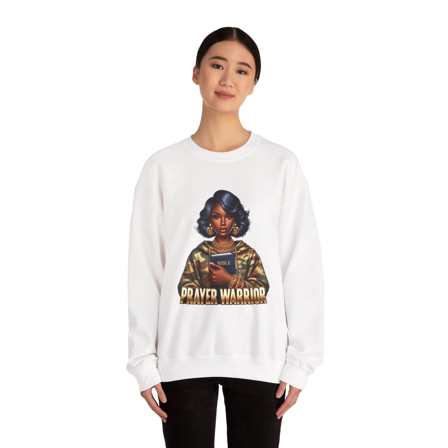 Prayer Warrior Sweatshirt — Black Woman Holding Bible Graphic
